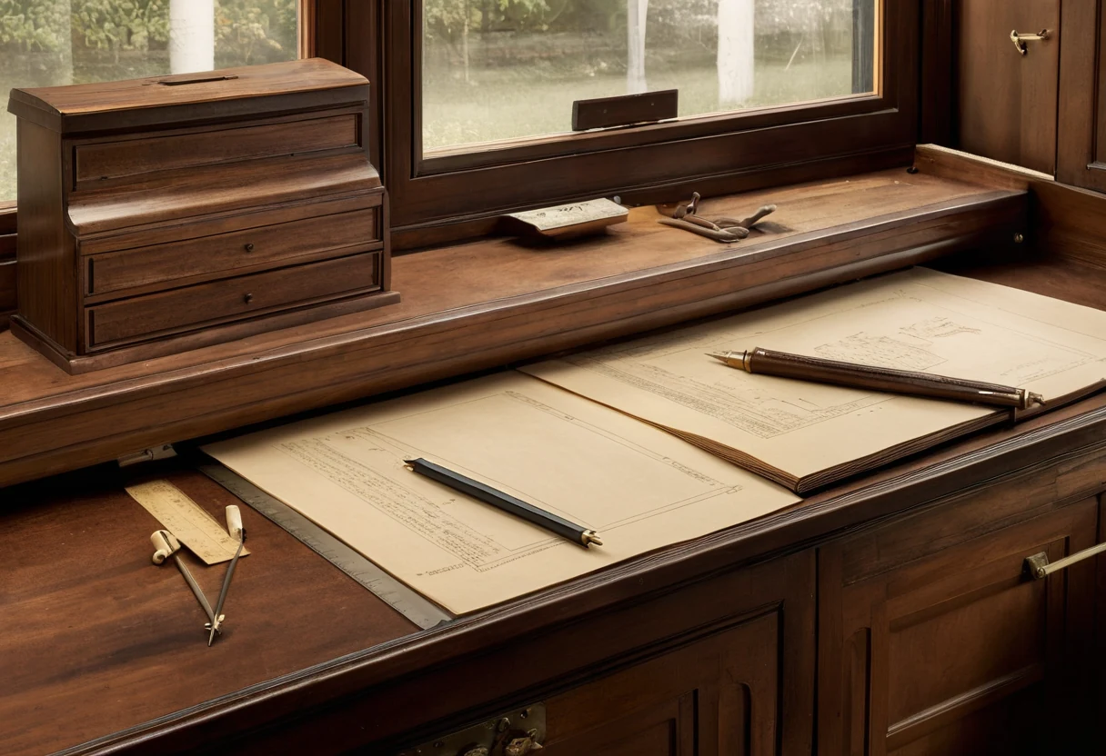 Master joiner's bench with shop drawings, reading glasses, marking gauge and a carved walnut sample