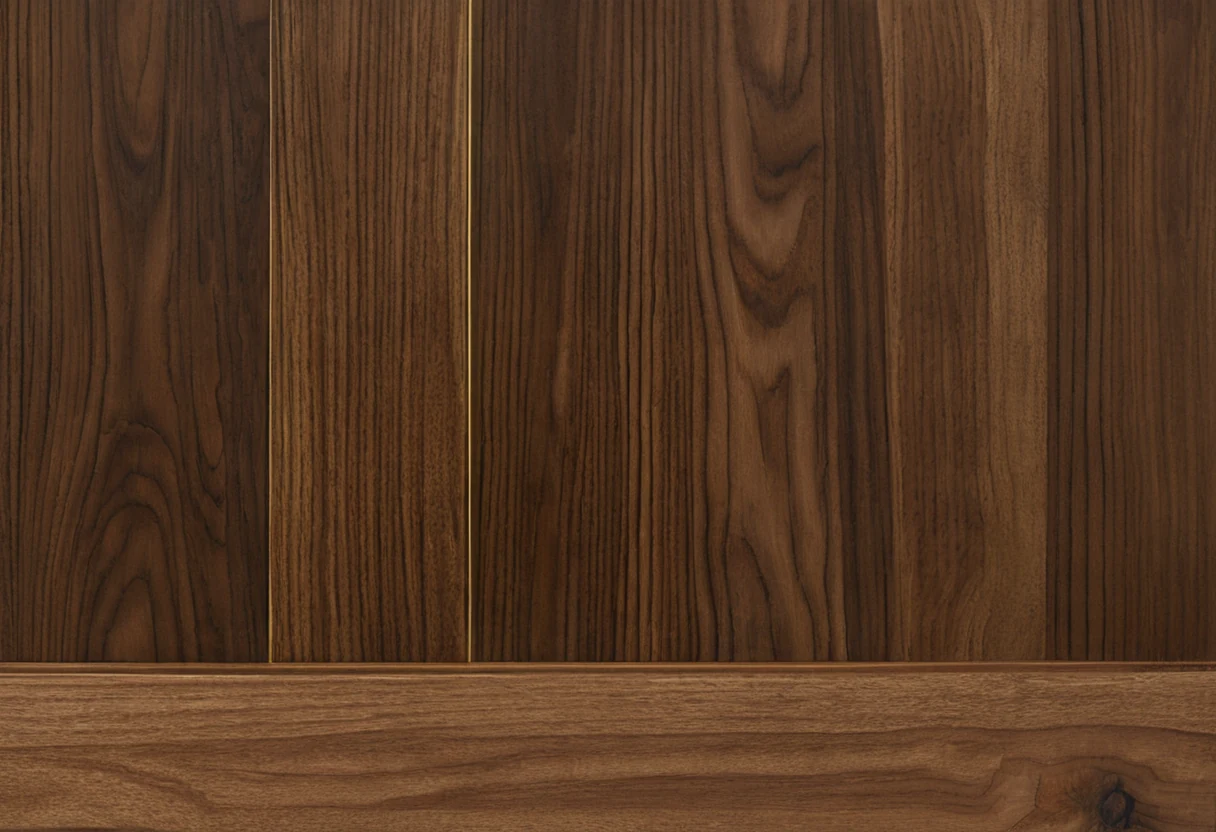 Fan of walnut finish sample boards in different stains and sheens labeled for client approval