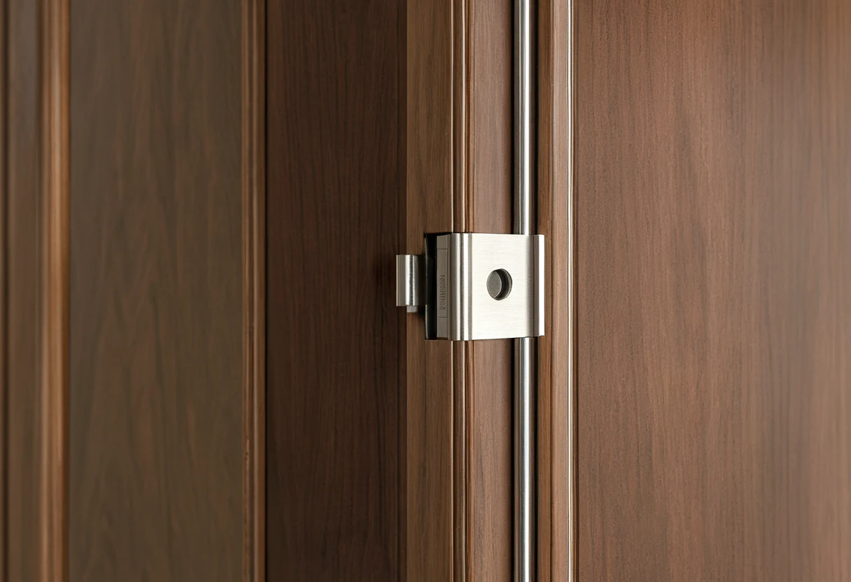 Precision screwdriver adjusting a premium concealed hinge on a walnut door with a perfectly even reveal